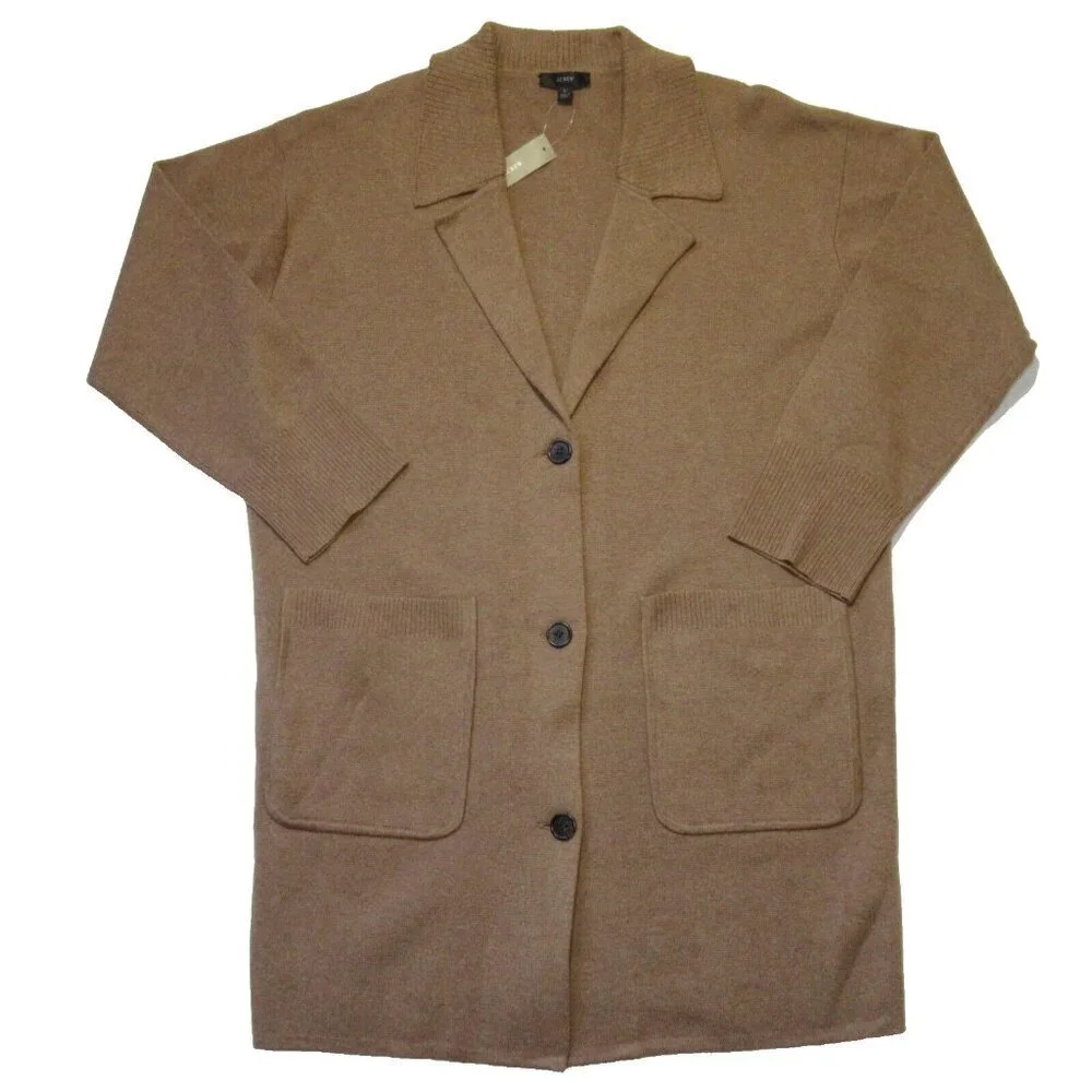 NWT J.Crew Collared Sweater-Jacket in Heather Dark Camel Oversized Cardigan L
